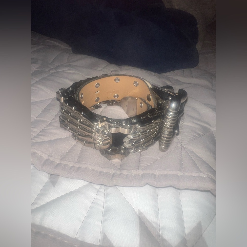 Vintage Leather Biker Belt Metal Skeleton Hands 36 inches